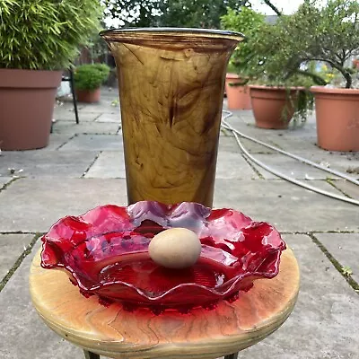 Buy Davidson Amber Cloud Glass Rare Daffodil Vase & Red BlackBerry Prunt Bowl • 34.99£