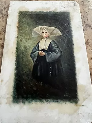 Buy Antique Miniature Oil Painting Nun In Cornet Portrait Circa 1930 On White Glass • 279.57£