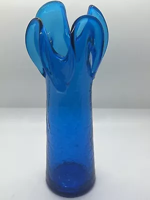 Buy Blenko 6010 Folded Lip Vase Wayne Husted Sapphire Blue Crackle. Htf Rare Scarce • 233.40£