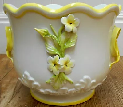 Buy Italian Pottery Cache Pot With Raised Flowers & Bows-yellow Trim-charming~new • 78.28£