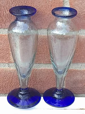 Buy 2 Cobalt Blue Single Bud  Glass Vases, Blue Rim And Base, 21cm, Bubble Glass VGC • 15£