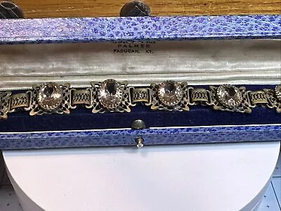 Buy Vintage 1930s Art Deco Citrine Jewel-tone Rhinestone Filigree Metalwork Bracelet • 120.68£