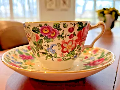 Buy PRETTY Crown Staffordshire Fine Bone China Cup & Saucer Flowers Made In England • 13£