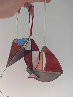 Buy Set Of 3 Vintage Stained Glass Suncatcher Hanging Ornament Boat Kite Handmade • 30£