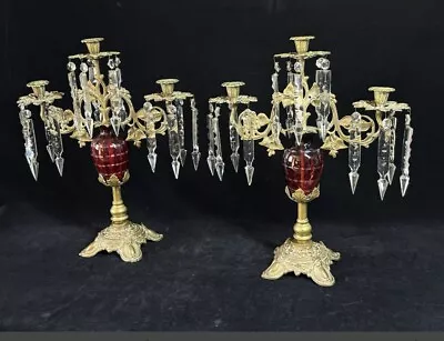 Buy Exceptional Pair Of Ruby Glass Victorian Girandole Antique Candelabras • 302.88£