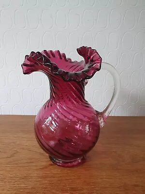 Buy Beautiful Cranberry Glass Pitcher Swirl Crimped& Ruffled Edge Applied Clear Jug  • 17.99£