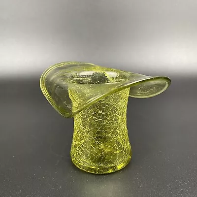 Buy Blenko Art Glass Hand Blown Green Crackle Glass Vase Top Hat Shape VTG 3 1/2” T • 27.85£