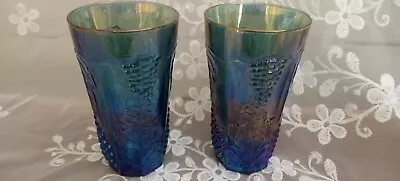 Buy Vintage Indiana Blue Colony Harvest Grape Tumbler Carnival Glass Purple Set Of 2 • 18.64£