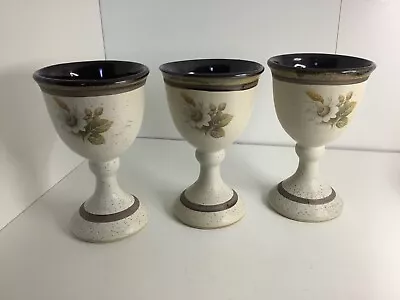 Buy Vintage Pottery Wine Goblets Set Of Three. X3 . Branded FF. Beige. Brown. Floral • 7£