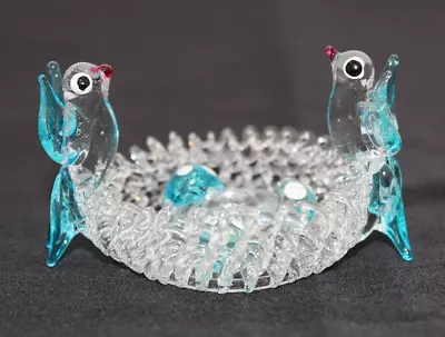 Buy Cute Basket Weave Lattice Small Glass Dish With 2 Blue Birds Lamp Work Animals • 12.99£