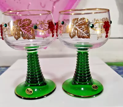 Buy Vintage Embelished German Wine Goblets/Glasses Emerald Green Beehive Stems 4.5 T • 17.46£