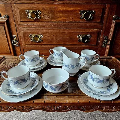 Buy 50s Royal Standard Fine Bone China 'Trend' Tea Set White/Blue Leaf Motif • 50£