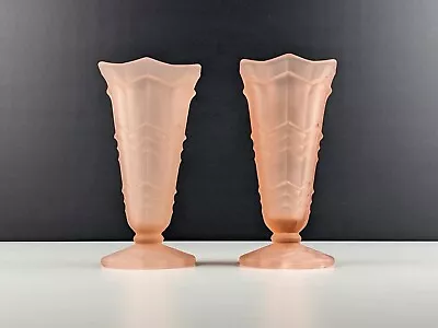 Buy Pair Of Sowerby 2592 Rosalin Pink Frosted Glass Footed Vases, 1930's Art Deco • 20£
