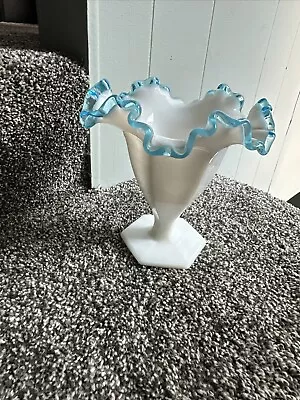 Buy Fenton ? White Milk Glass With Blue Clear Glass Ruffled Edge Vase • 18.63£