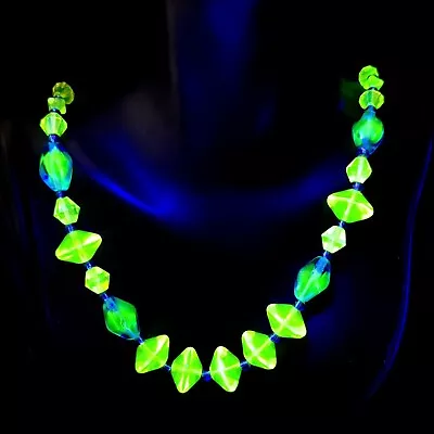 Buy Vaseline Glass Necklace 18'' Yellow Uranium Czech Old Beads Woman`s Jewelry • 50.79£