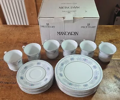 Buy Crown Ming Fine China 18 Piece Tea Set Jian Shiang In Box Blue & Pink Floral  • 25£