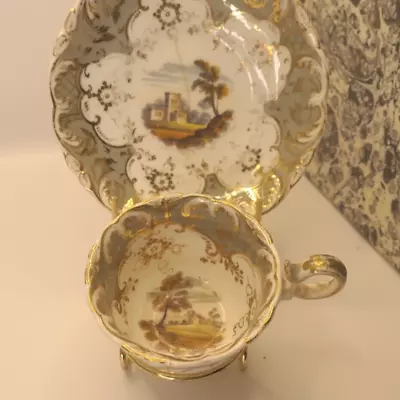 Buy C.1830 Coalport? Landscape ,Gilded, Coffee Cup & Saucer A/F (53) • 4.99£