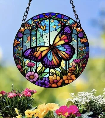 Buy Suncatcher Stained Art Hanging Decoration - Colourful Butterfly Symbol Rebirth • 5.95£