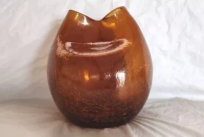 Buy Blenko Amber Crackle Glass Pinch Topped Handblown Vase, MCM • 23.29£