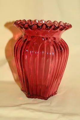 Buy Genuine Signed Ribbed Fenton Hexagon Shaped Cranberry Vase Ruffled Rim • 11.14£
