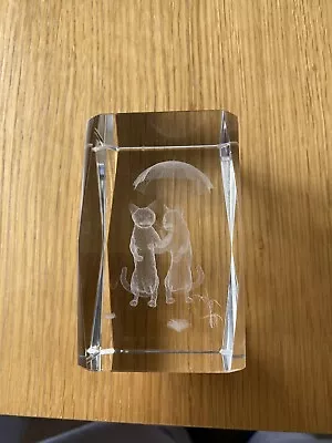 Buy Cats With Umbrella Etched Glass Block Paperweight • 7£