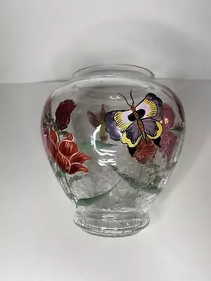Buy Crackle Glass Vase Vintage Hand Painted Roses Pink And Red • 12.58£