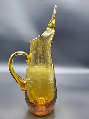 Buy Vintage Mid Century Modern Amber Hand Blown Crackle Glass Pitcher W/ Long Spout • 41.94£