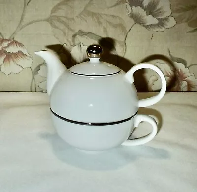 Buy Vintage Royale Stratford Stacked Tea Cup & Pot  Tea For One  White W Silver Trim • 28.01£