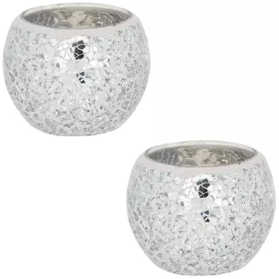 Buy 2 X Candle Tea Light Holders 8cm Mosaic Silver Crackle Glass Effect Gift Boxed • 7.99£