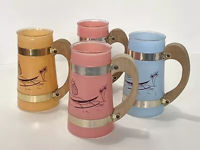 Buy Vintage Siesta Ware Tiki Hawaiin Mugs 1-Blue, 1-Peach, 2-Pink Wooden Handles • 31.68£