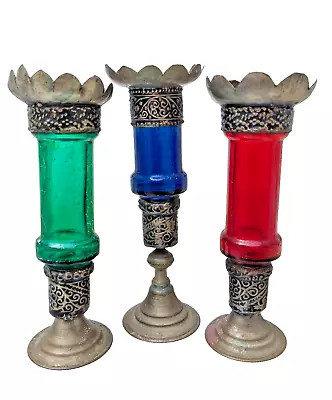 Buy 3 Very Beautiful, Ornate & Unusual Vintage Coloured Glass/ Brass Candle Holders • 5.90£