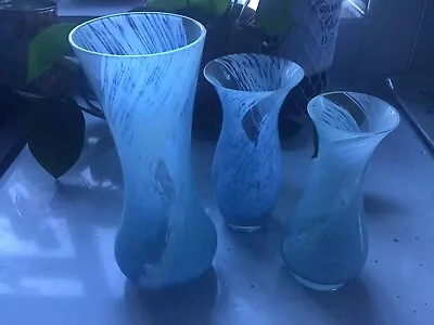 Buy Vintage Caithness Crystal Glass Vases X 3 Blue And White • 14.99£