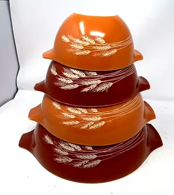 Buy PYREX Autumn Harvest Wheat Vintage Cinderella Nesting Bowls Complete 4 Pc Set • 74.55£