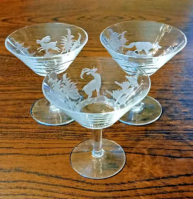 Buy Vintage Set Of 3 Crystal Cordial Glasses Etched With Wildlife Scenes • 41.94£