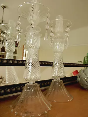 Buy Vintage Pair Glass Candlesticks & Droplets VENETIAN STYLE TALL 27cm DECORATIVE • 45£