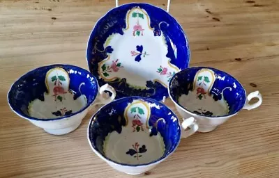 Buy Antique English (Staffs) Gaudy Welsh 3 Teacups & 1 Saucer - Rare Design • 25£