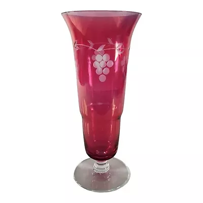 Buy Cranberry Bud Vase 10   X 4 1/4  Cranberry Red Cut Etched Glass - Vintage • 16.73£