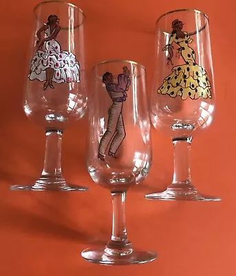 Buy 3 Vintage Retro 1950s Hand Painted Spanish Dancers Stem Flute Drinking Glasses • 12£