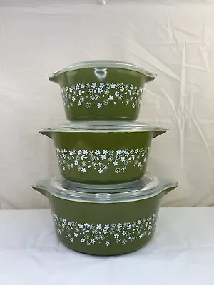 Buy Pyrex Nesting Bowl Set 3 Green Crazy Daisy Spring Blossom W Lid 473B 474B 475B • 83.86£