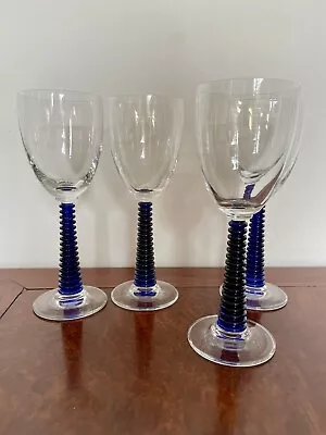 Buy Set 4 Vintage Cobalt Blue Ribbed Spiral Stemmed Clear Wine Glasses • 28£