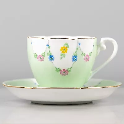 Buy Vtg Royal Grafton Fine Bone China Tea Cup & Saucer Mint Green Floral Smiley Face • 18.59£