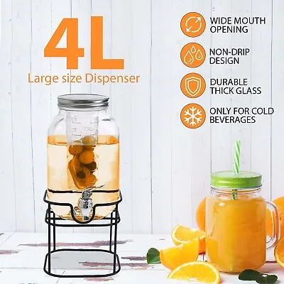 Buy 4L Glass Vintage Beverage Drinks Dispenser On Metal Stand Cocktail Jar With Tap • 12.85£
