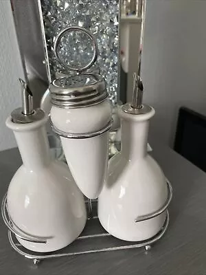 Buy Cruet Set, Salt, Pepper & Oil Dispensers, White Ceramic With Stand • 10£