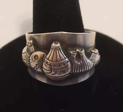 Buy Sterling 925  Beautiful Pueblo Pottery Raised Design RING Size 8-8.5  STC Logo • 125.81£