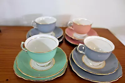 Buy Vtd. Colclough Bone China  Harlequin   Set Of Three Trio's - Pink Green & Grey • 29.99£