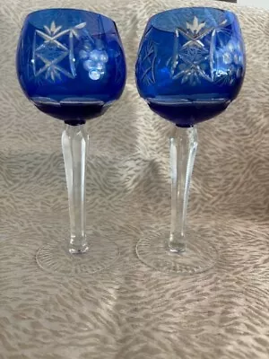 Buy Pair Cut To Clear Bohemian Czech Cobalt Blue Crystal Goblet Wine Stem 7 1/4” • 39.61£