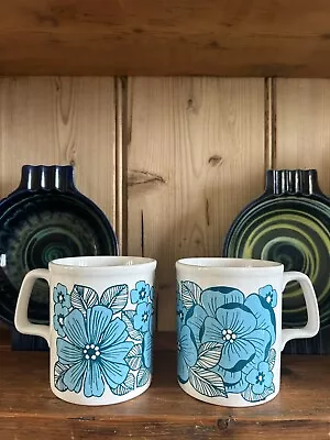 Buy Pair, Blue & White Staffordshire Potteries Flower Power Floral Mugs • 22£