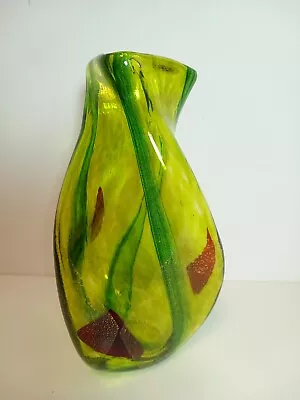 Buy Mdina Maltese Glass Vase Green With Red And Gold Accents, Signed Triangular Base • 45£