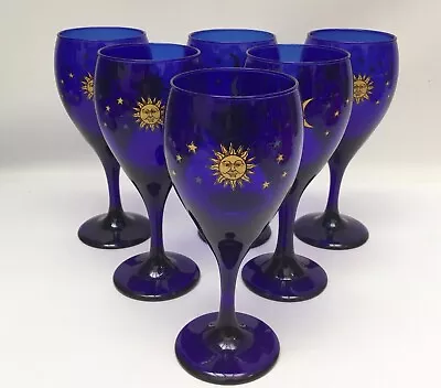 Buy Set Of 6 Libbey Celestial Cobalt Blue Wine Glasses Sun Moon Stars 7 3/8” • 71.29£