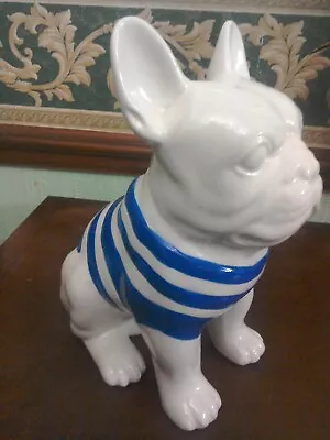 Buy French Bulldog Figure In White  Pottery With Blue  Stripes 9  High- In Vgc • 6.95£